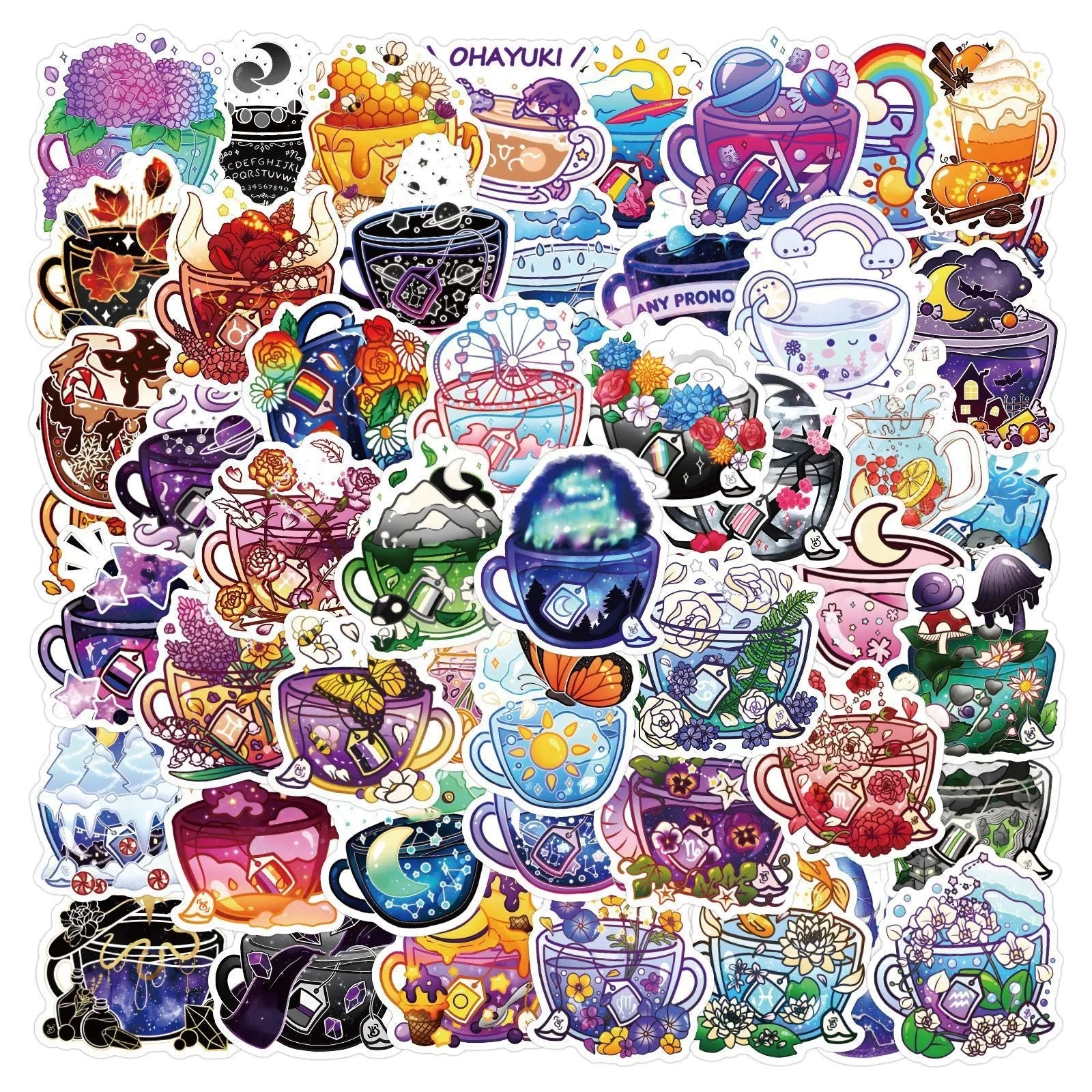 Colourful tea cup graffiti design waterproof stickers, 50-piece pack for scooter and luggage decoration.