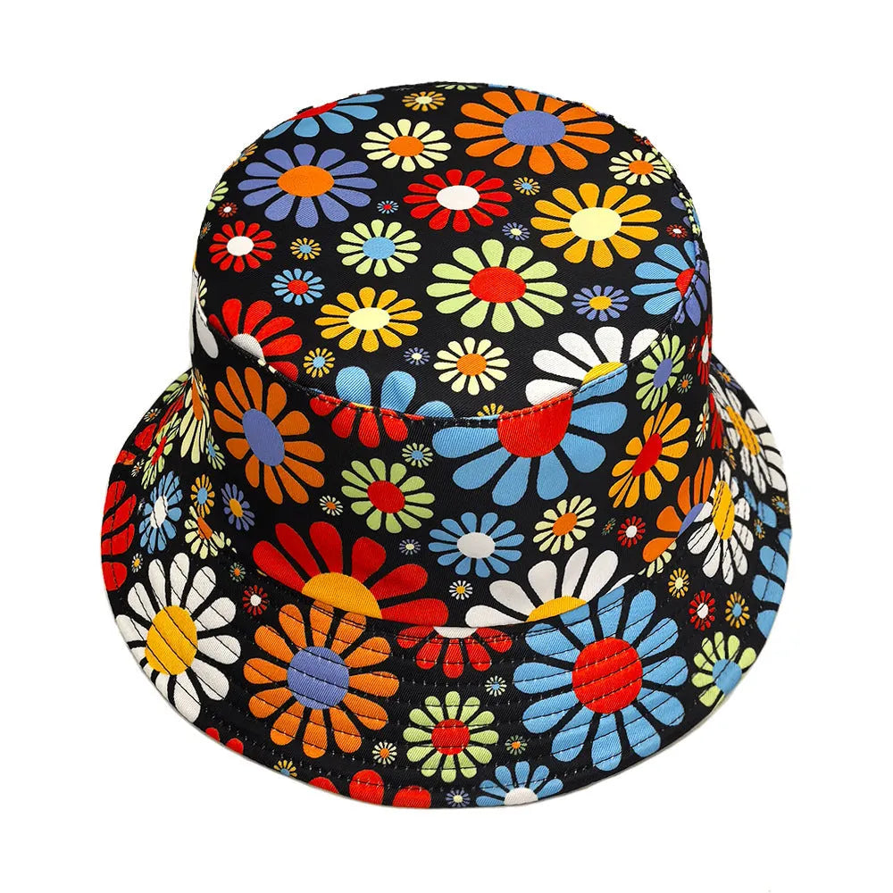 Flower pattern polyester bucket hat with dome crown design for sun protection