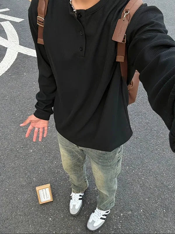 Tide Brand loose bottoming shirt jacket for men, black colour, pullover with round neck and long sleeves