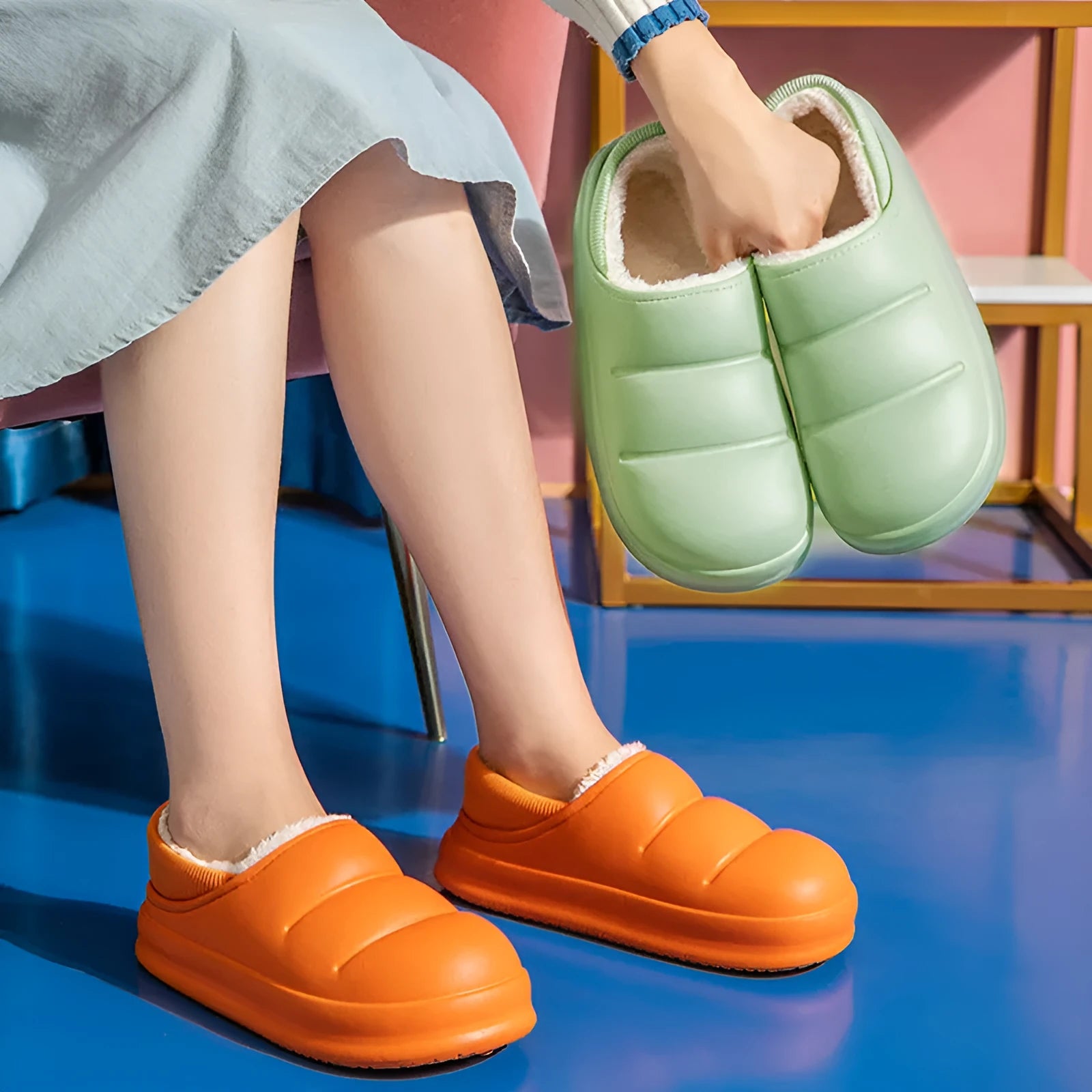 Women's waterproof cotton slippers with plush lining in multiple colour options