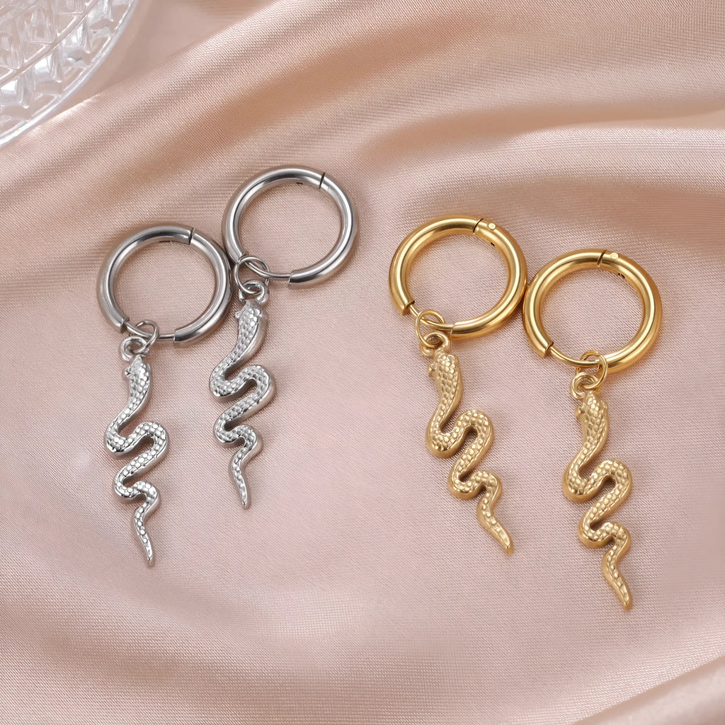 Stainless steel vintage snake-shaped clip-on earrings with gold plating.