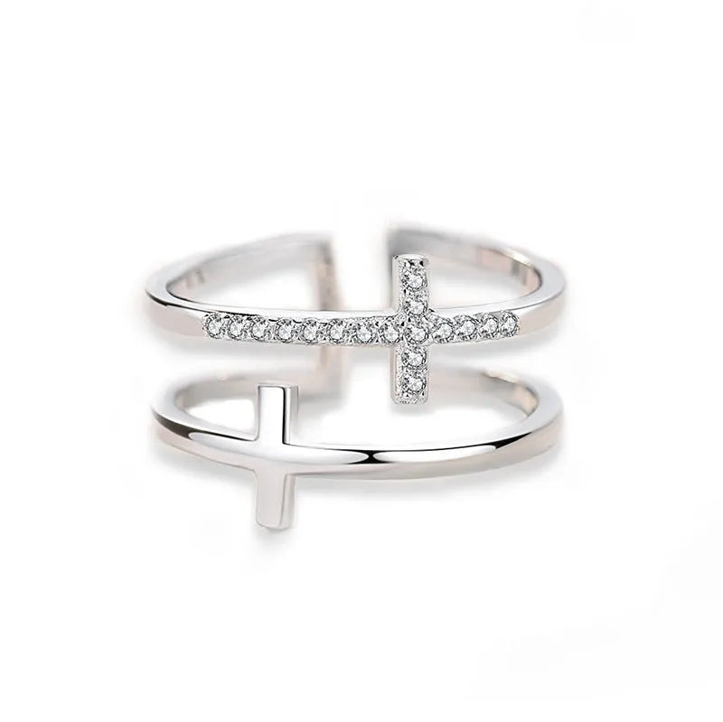 Adjustable double cross zircon ring with copper construction and white gold electroplated finish
