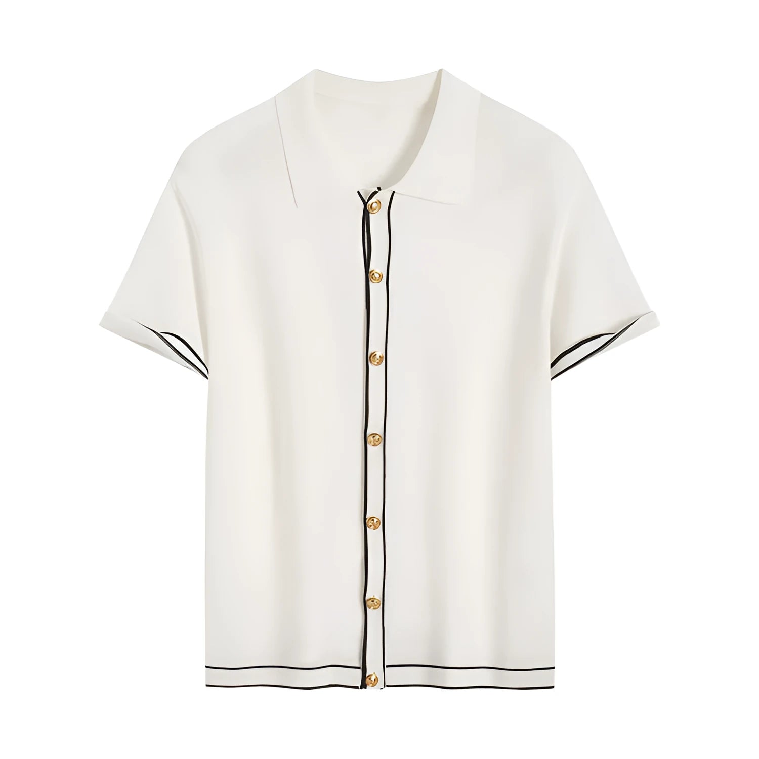 White cardigan with dark contrast lapels and short sleeves, laid flat.