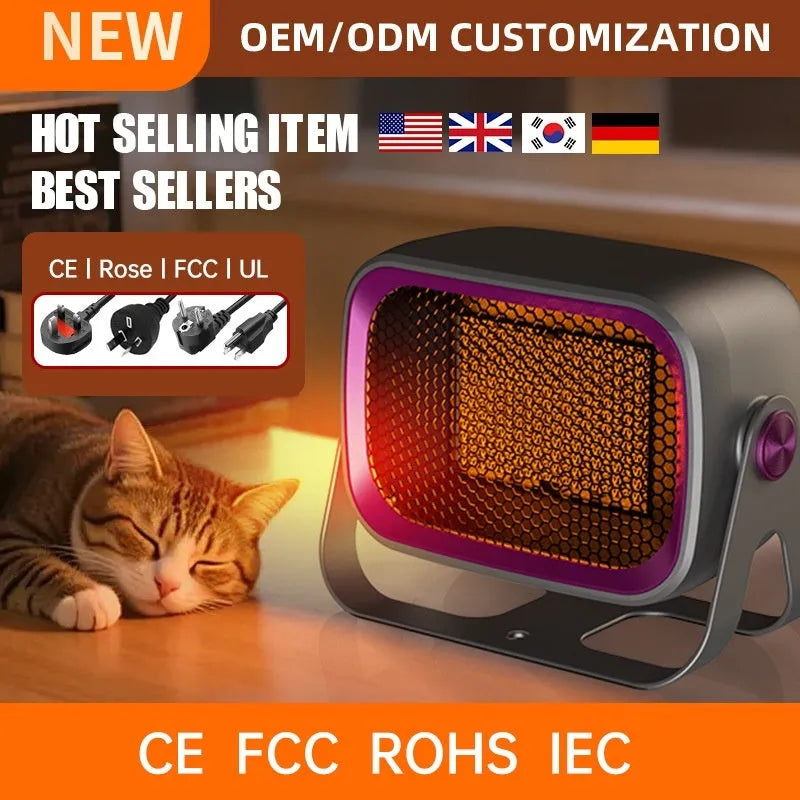 Compact white PTC ceramic desktop electric heater with control buttons and a directional grille.