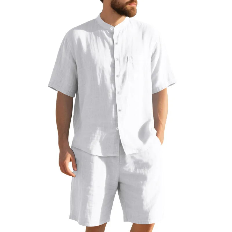 Men's linen blend summer suit with Henry collar, short sleeves and matching shorts in army green