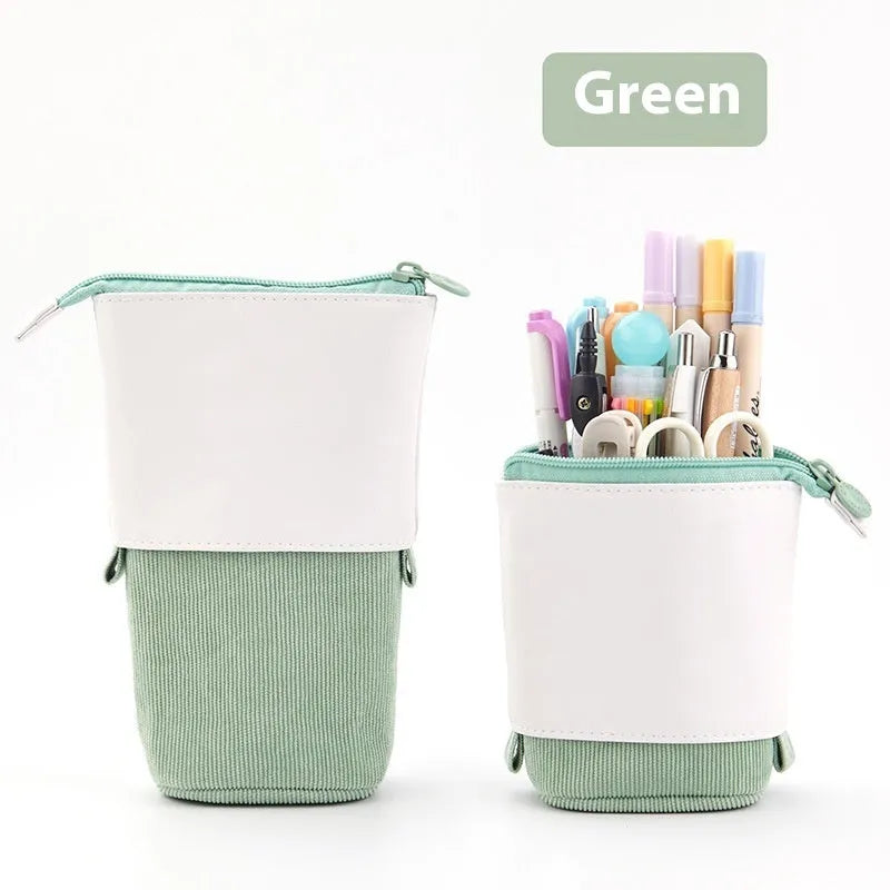 Corduroy stationery case with telescopic drop-down design in six colour options