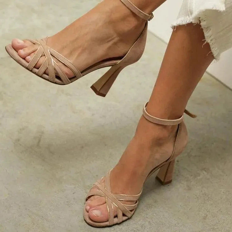 Apricot coloured suede women's high heel sandals with a peep toe fish mouth design