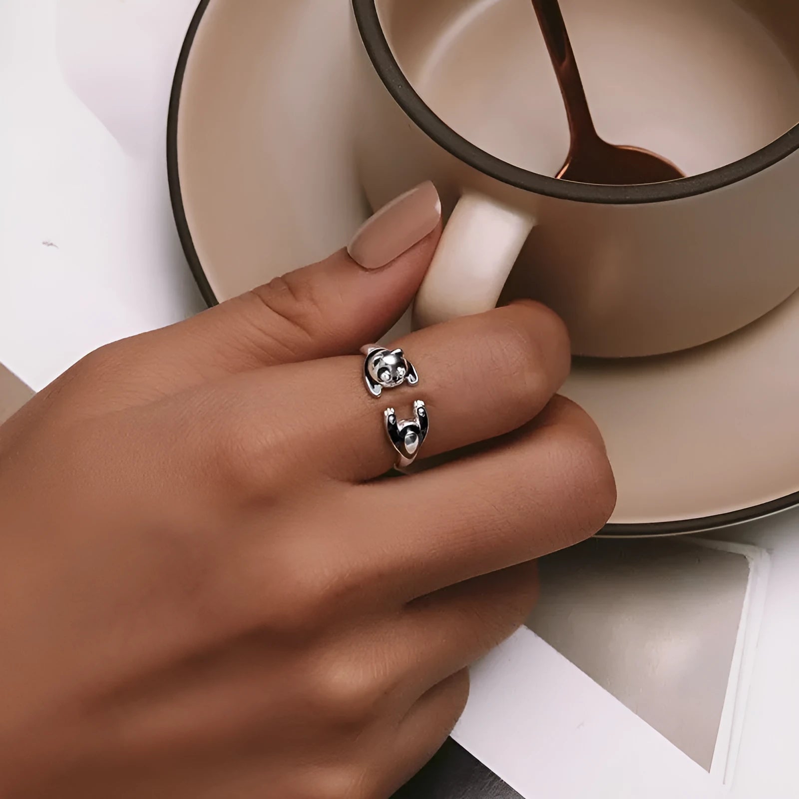 Adjustable panda open ring bracelet in sterling silver with white gold plating