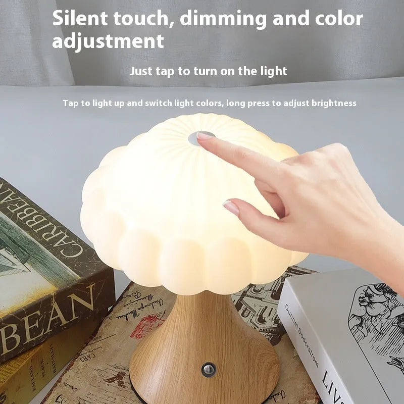 Mushroom-shaped night light with touch controls and USB port in wood grain finish