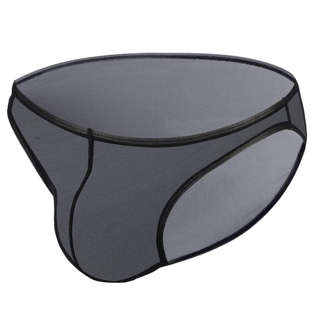 Men's black low-waist nylon briefs laid flat, showing triangle brief style and knitted fabric.