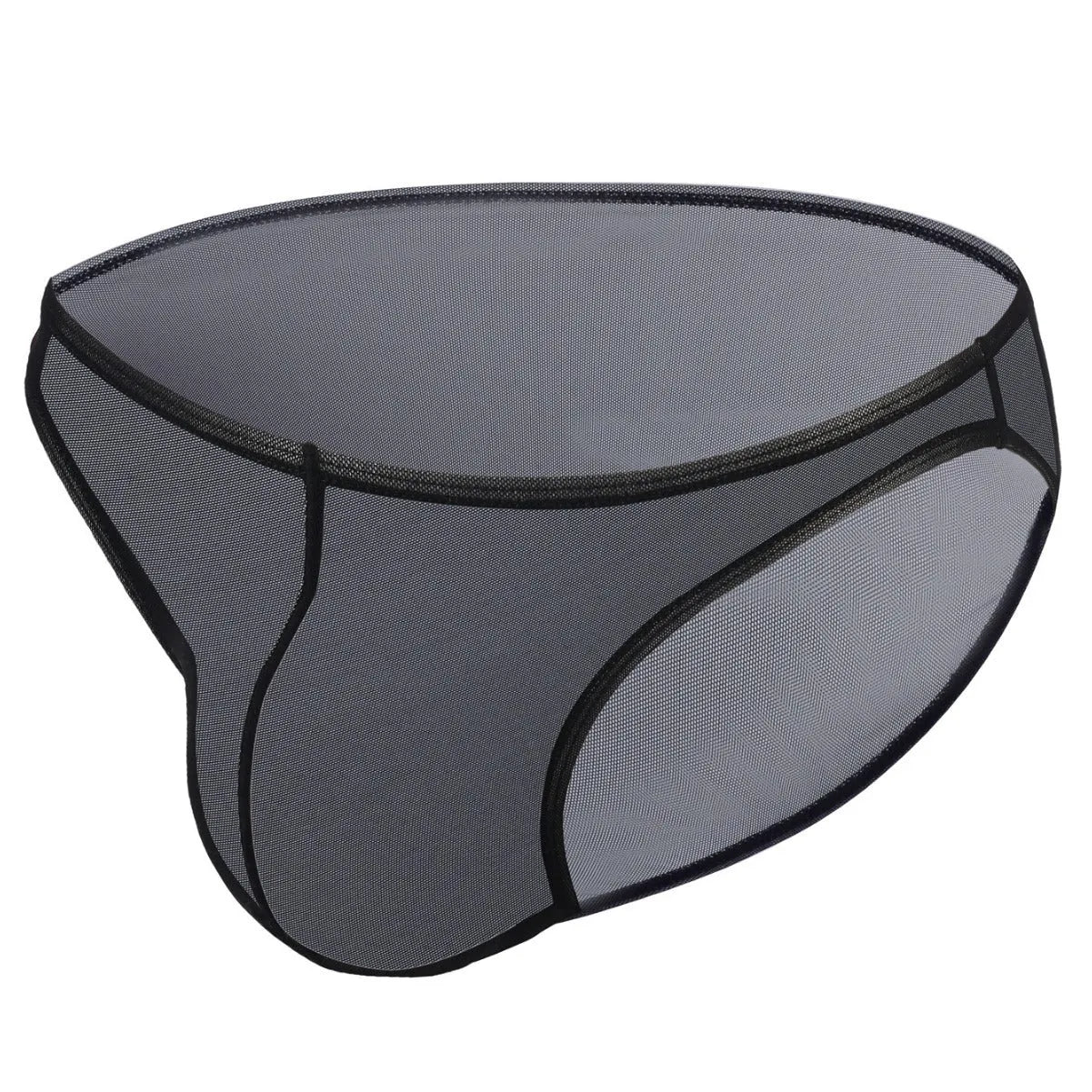 Men's black low-waist nylon briefs laid flat, showing triangle brief style and knitted fabric.