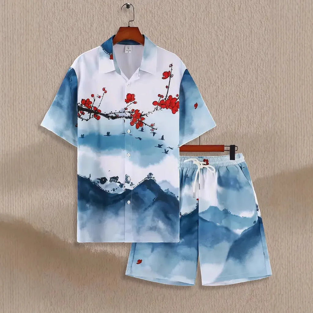 Wild printed men's short sleeve shirt and matching shorts set for summer casual wear, multiple sizes S to 4XL