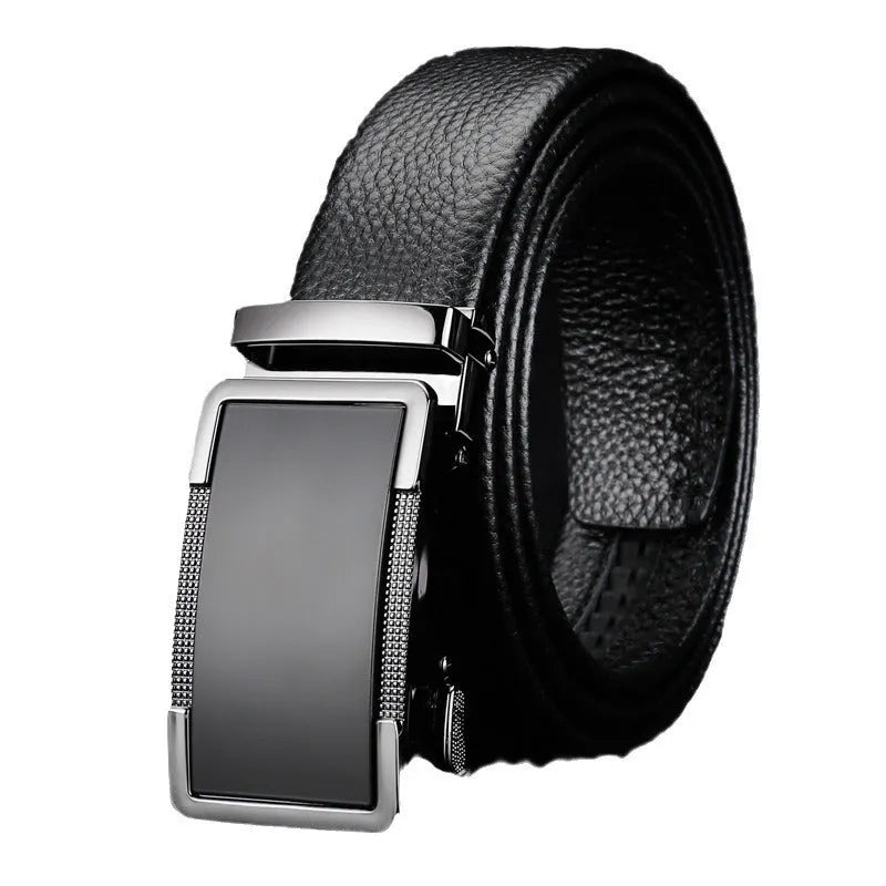 Men's leather belt with an automatic comfort click buckle in gun black, silver, or gold colour