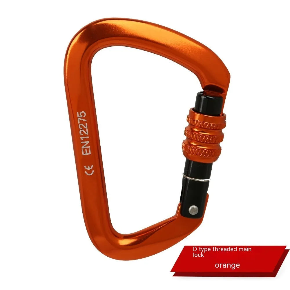 D-shaped locking climbing carabiner main lock in silver red colour with automatic gate closure.