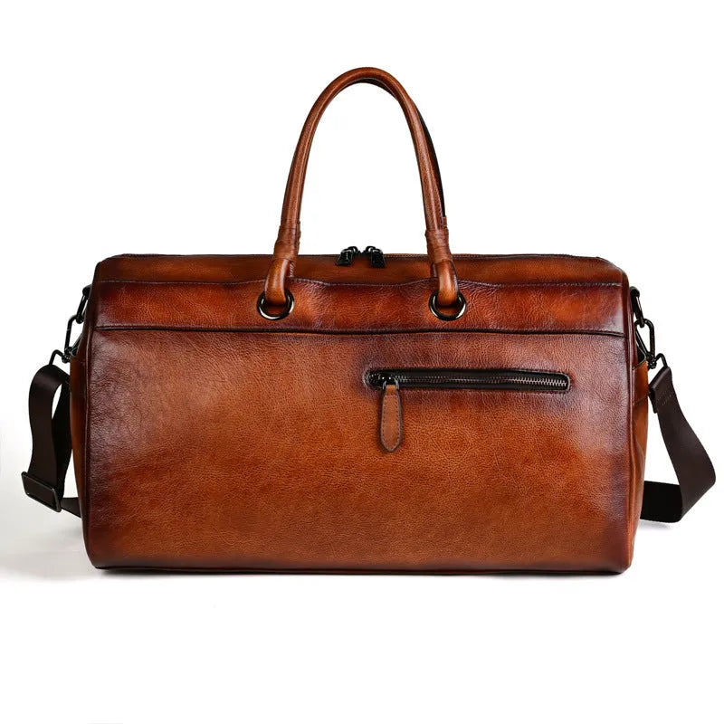 Handmade retro style brown leather shoulder bag with large capacity.