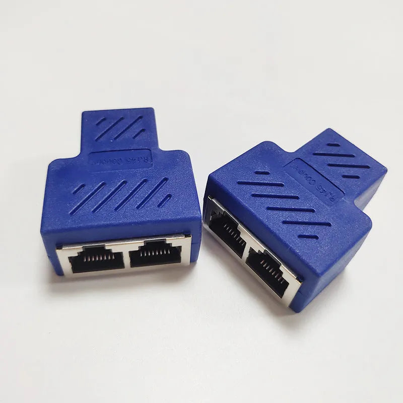 RJ45 network cable splitter adapter in white, yellow, red, blue, and black colours