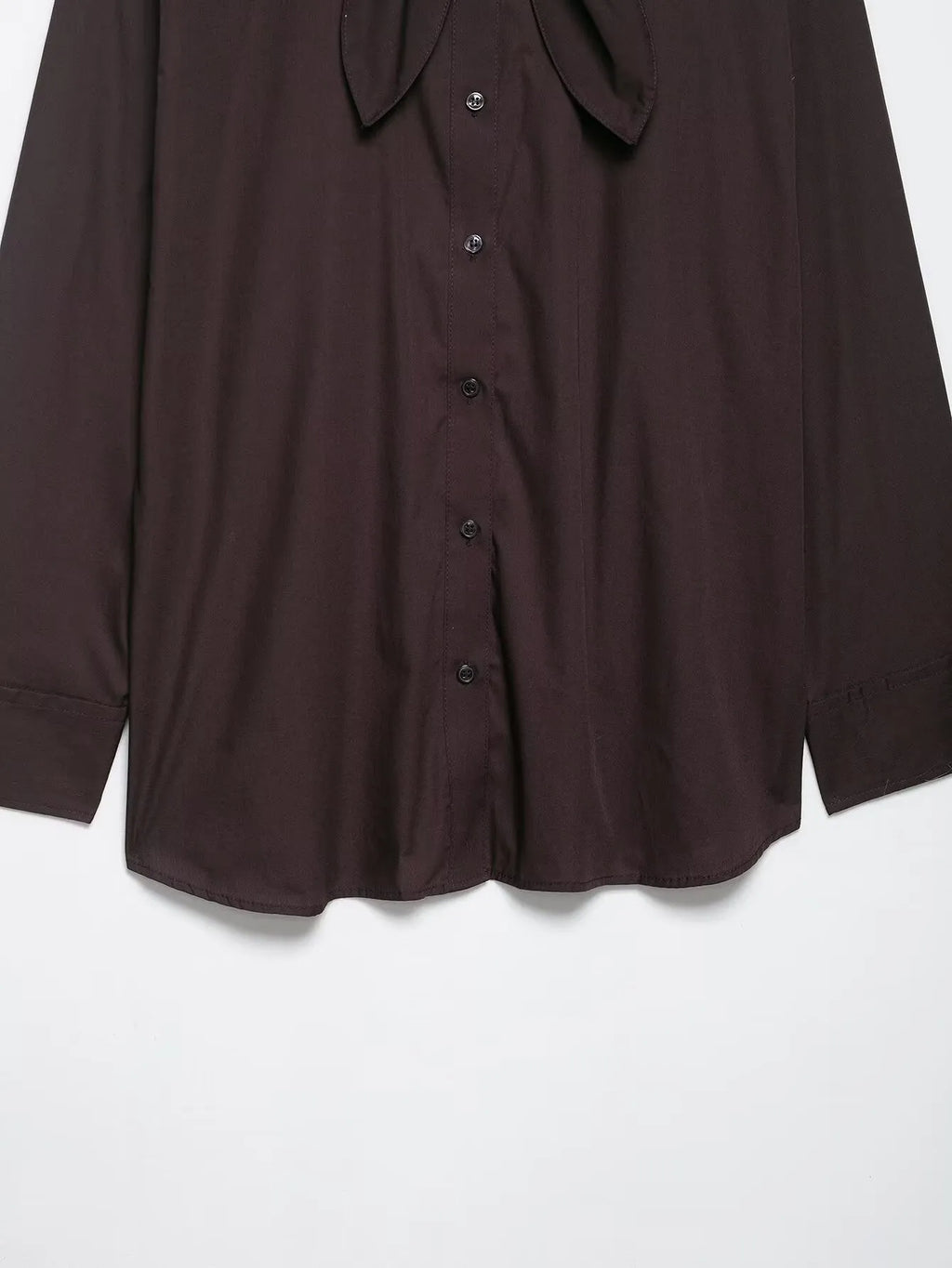 Brown loose-fit women's polyester poplin shirt with an attached bow tie, cardigan style.