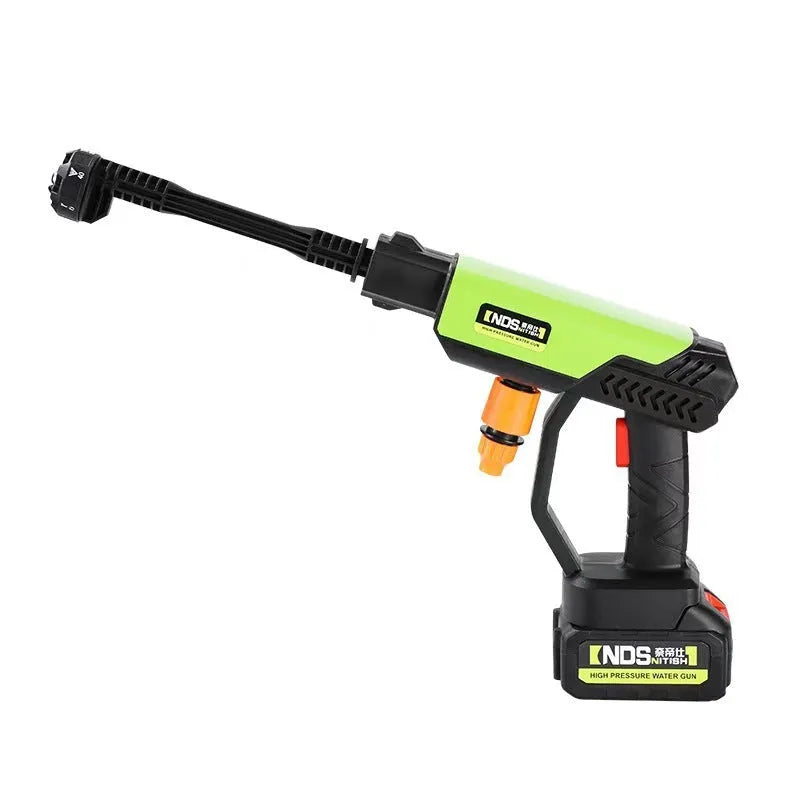 Green cordless high-pressure water gun with six-in-one metal nozzle and accessories including foam pot and extension rod