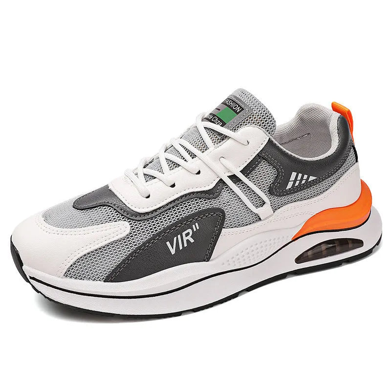 Men's grey and black mesh running shoes with round toe and lightweight EVA sole for summer jogging