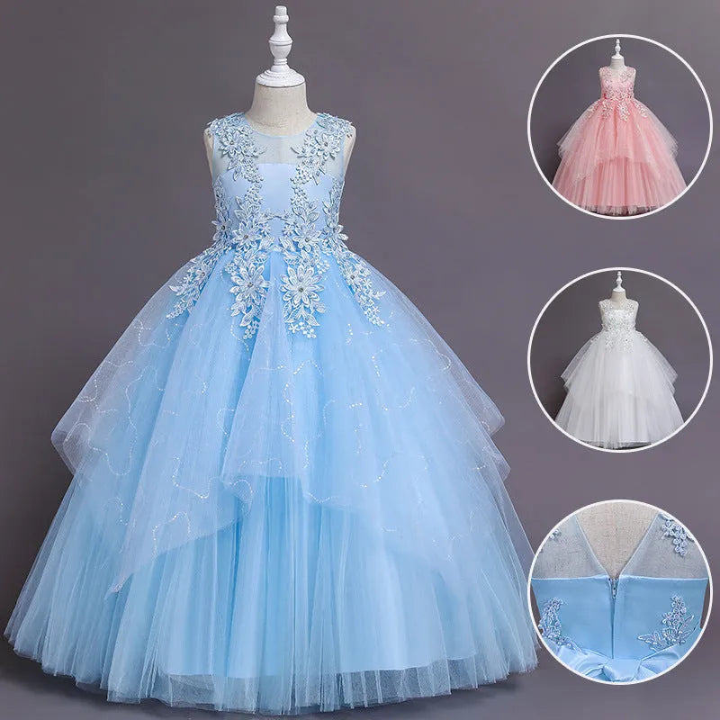 Girls' formal mesh lace dress with cotton lining in blue, front view, size 120cm