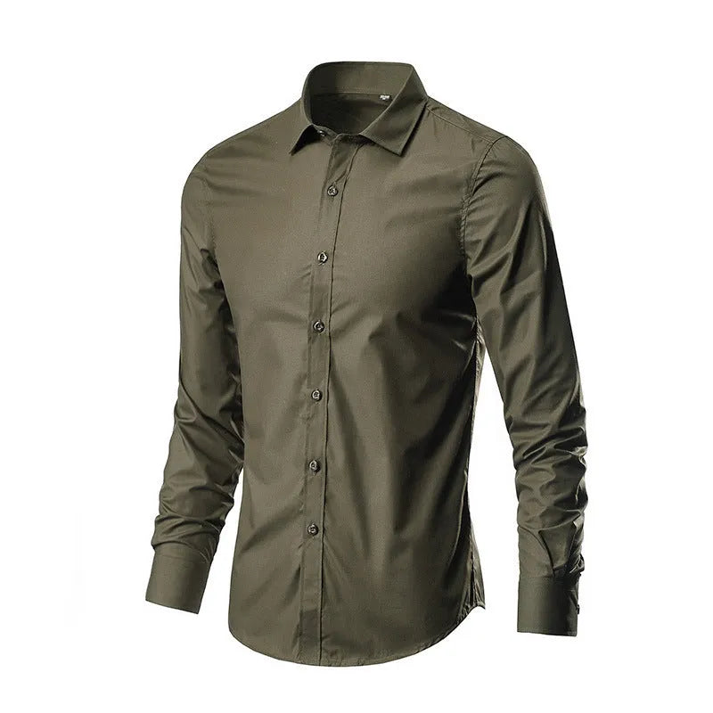 Men's slim fit long-sleeve linen shirt on a hanger, available in multiple colours and sizes up to 5XL.
