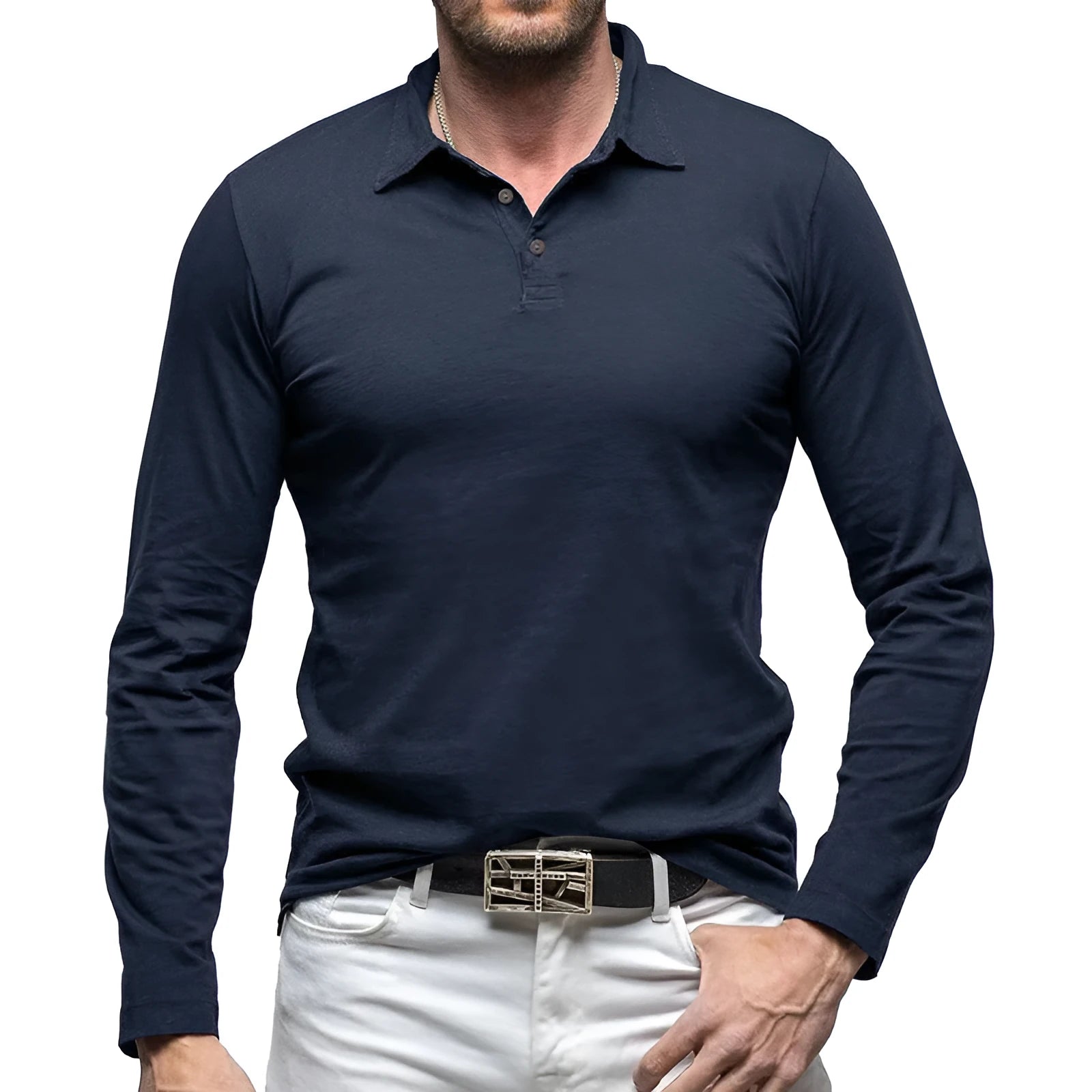 Men's dark grey cotton polo collar long sleeve T-shirt laid flat, American retro style.
