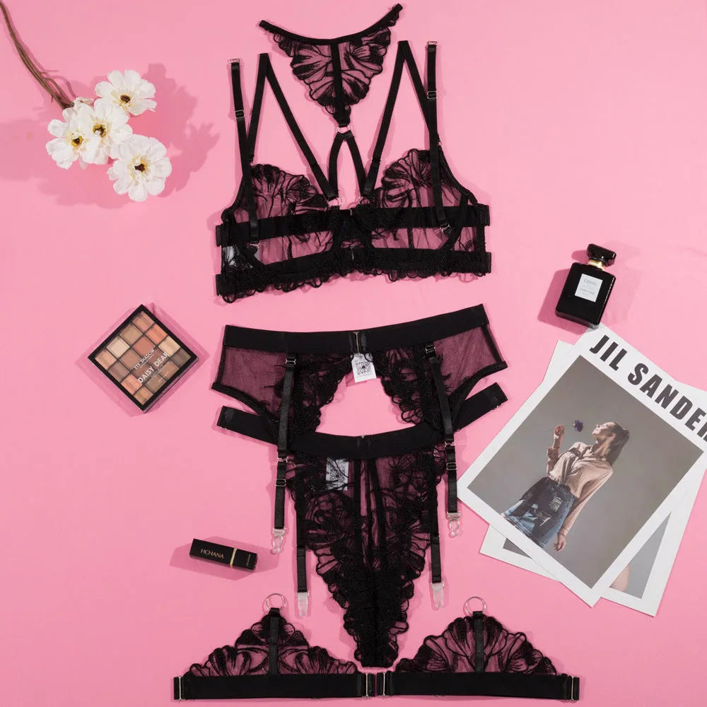 Black women's mesh bra with embroidery stitching and three-point style design