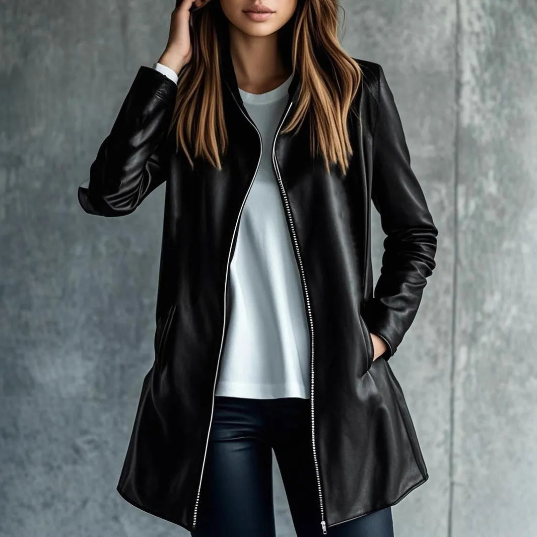 Black polyester women's leather jacket with long sleeves on a hanger.