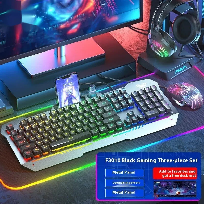 Black and white wired mechanical-feeling keyboard mouse headset bundles with RGB or blue backlighting