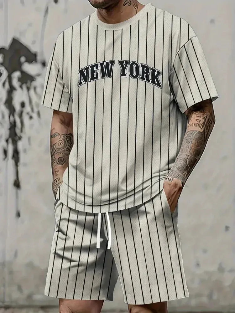 Men's 3D printed letter pattern sportswear two-piece set with short sleeves and shorts