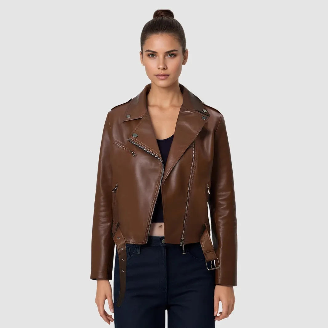 Women's black PU leather motorcycle jacket with a lapel collar and an adjustable short belt.