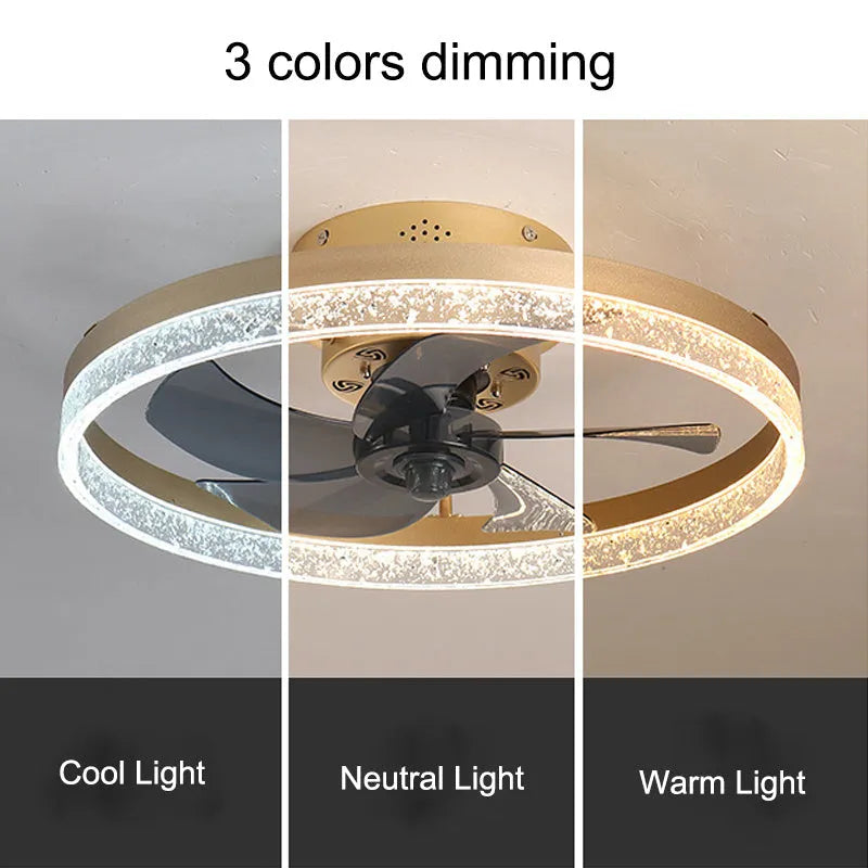 Nordic ceiling fan lamp with LED light in coffee gold finish, 50cm diameter with remote control