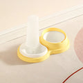 Grey and yellow dual pet feeding bowl with raised neck support and separate food and water compartments.