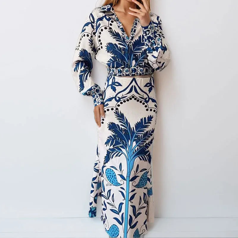 Women's early spring casual outfit set with long sleeve top and long skirt in picture colour.