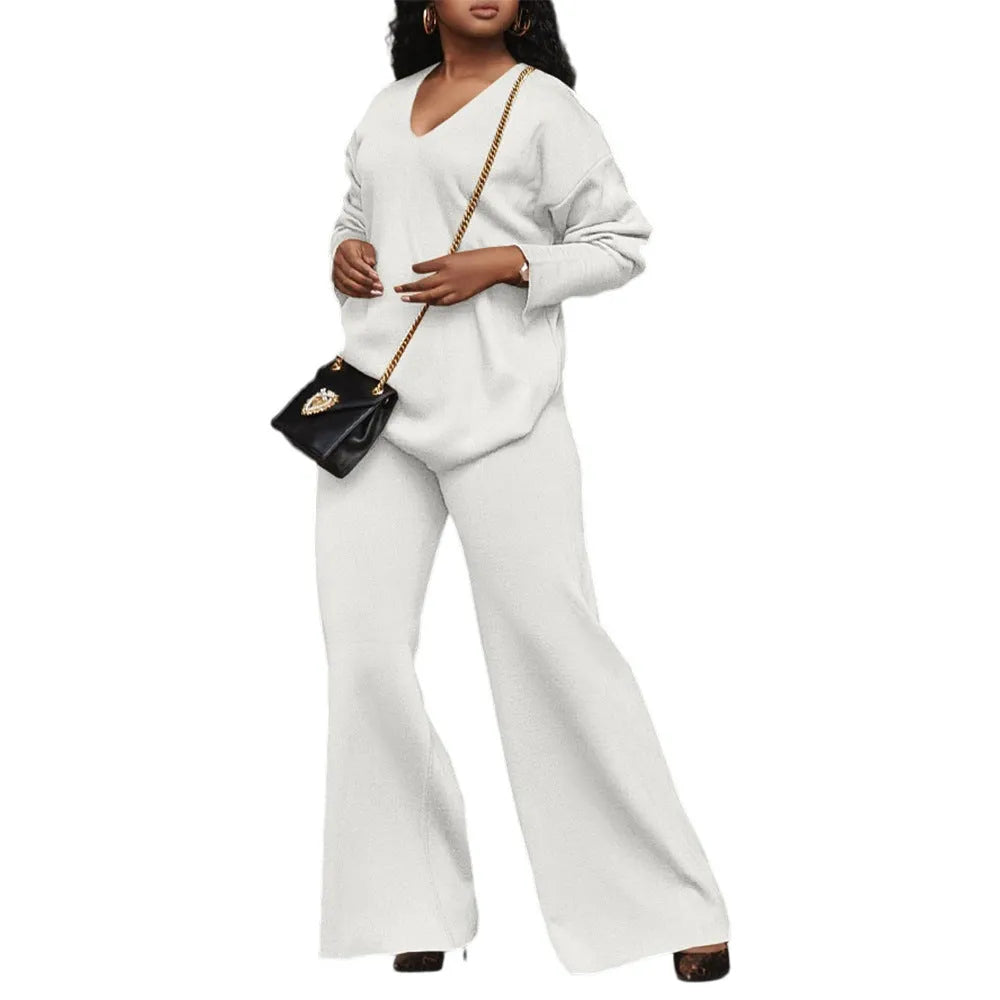 Women's brown thickened suede two-piece suit with long sleeves, shown as a complete co-ordinated set.