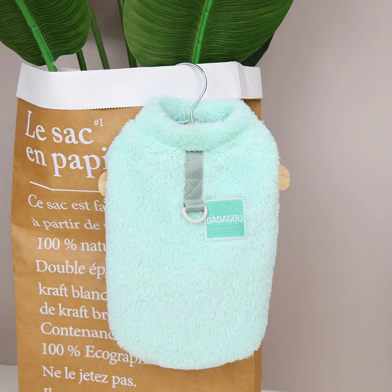 Coral fleece dog jacket with multi-colour pull ring fastening in blue colour option