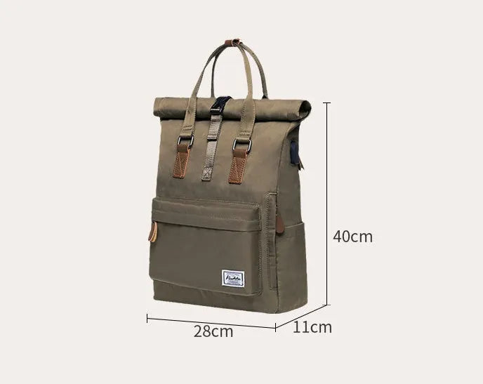 Black casual polyester backpack showing front view with cover flap and adjustable shoulder straps.