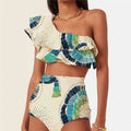 White women's one-shoulder swimsuit with lotus leaf split detail and double-layer construction