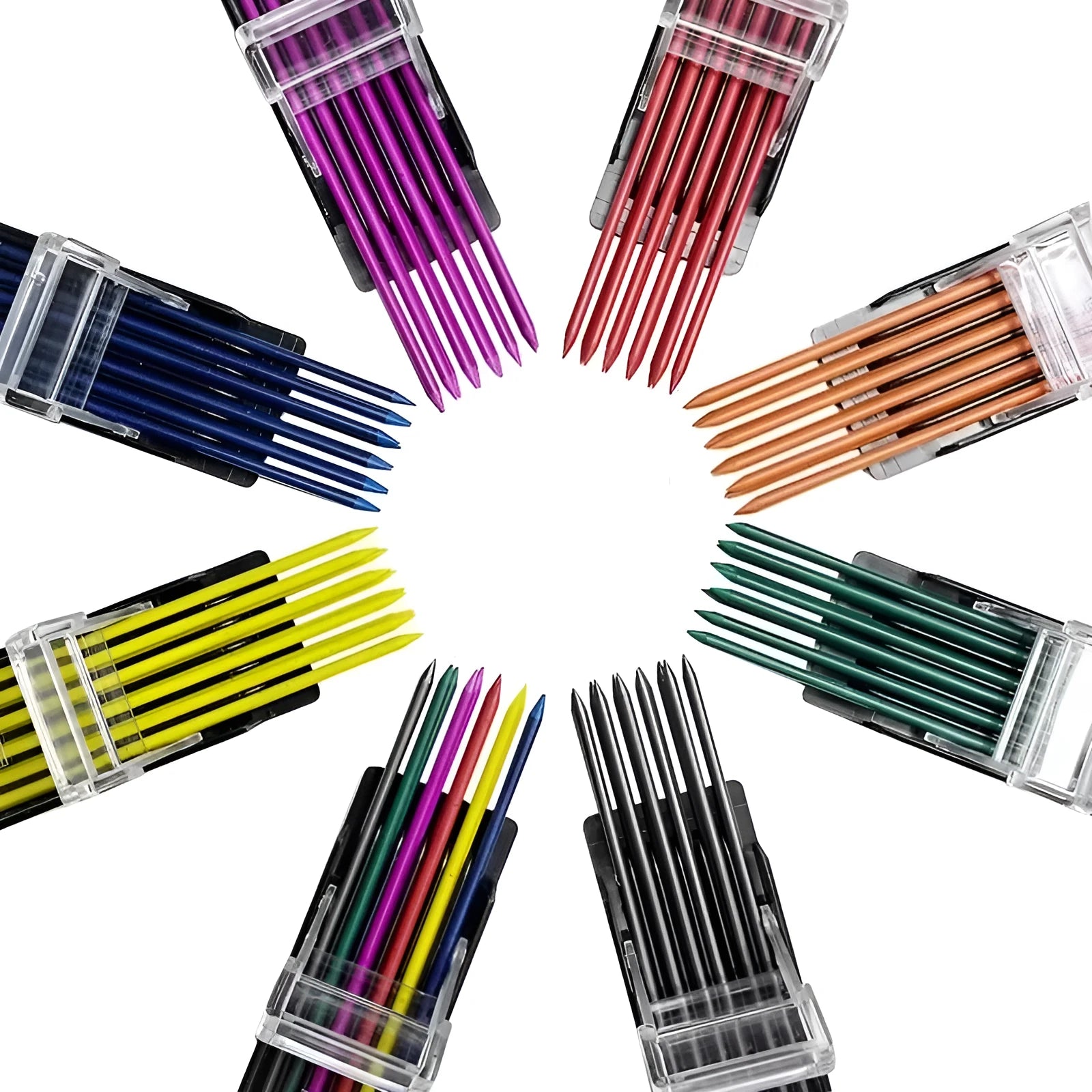 Boxed set of 12 rainbow coloured mechanical pencil replacement leads for drawing and writing