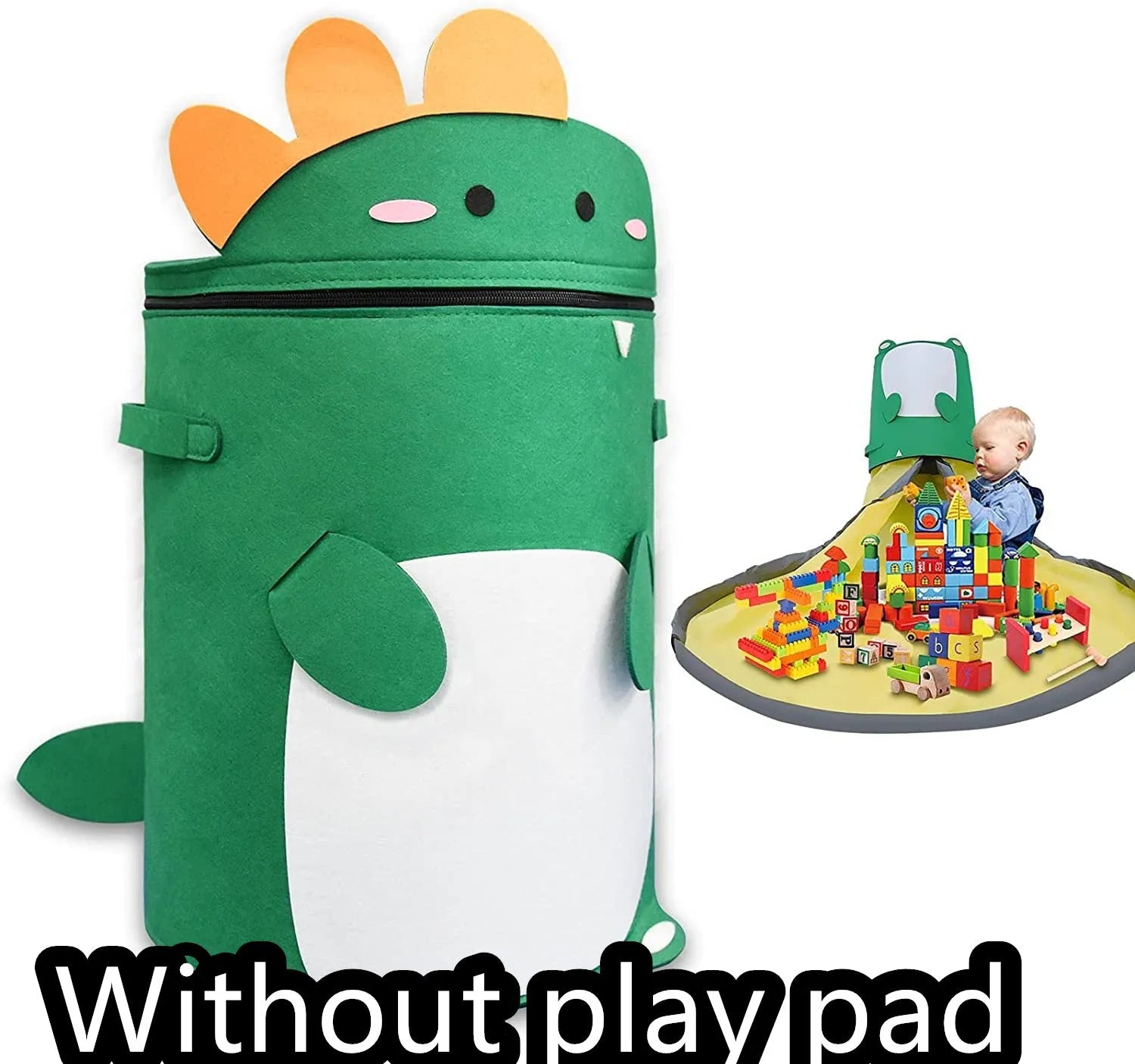 Green felt cube storage bag with pull rope shown as both a toy play mat and closed storage container