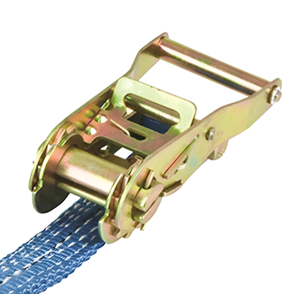 Steel ratchet tensioner strap with double triangle hooks and polyester webbing for cargo binding
