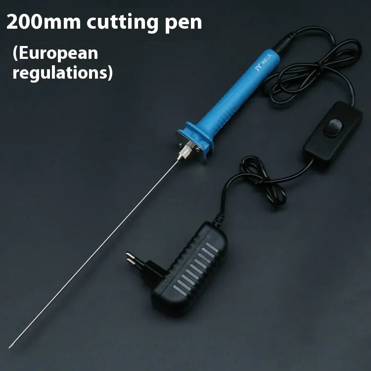 Blue electric heating cutter pen with plastic handle for cutting foam and pearl cotton, shown with power adapter.