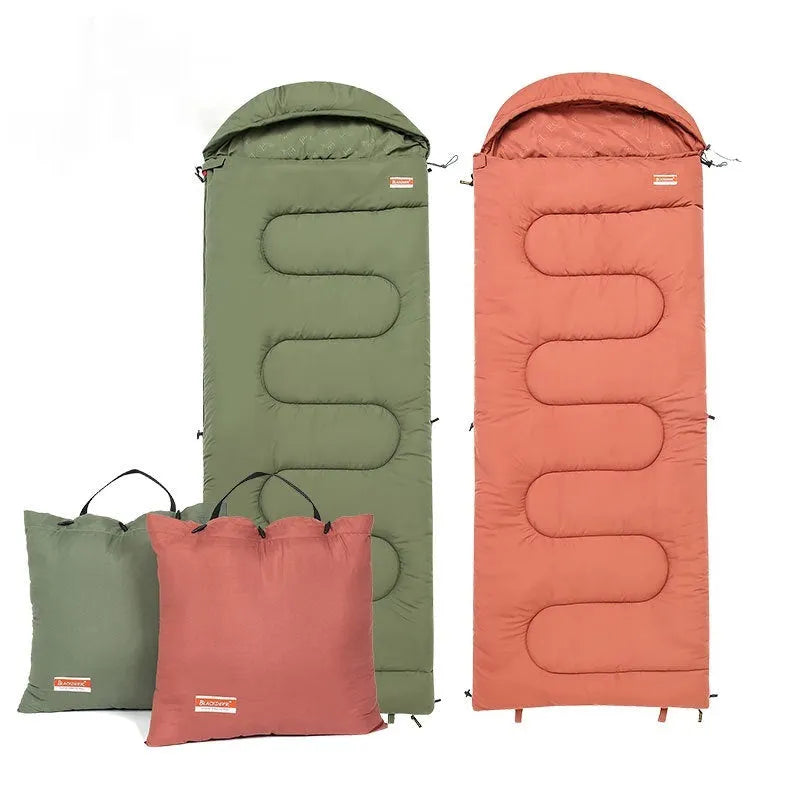 Ultra-light cotton sleeping bag quilt in ochre and olive green colours for camping