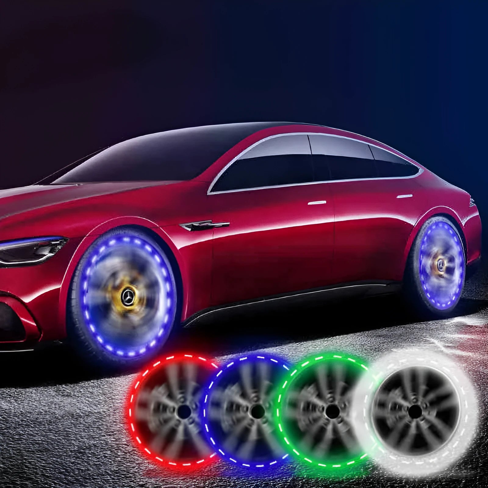 Colourful solar-powered LED valve light mounted on a vehicle wheel hub.