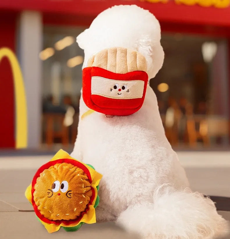 Adjustable pet vest leash with cartoon hamburger design, shown on a dog.