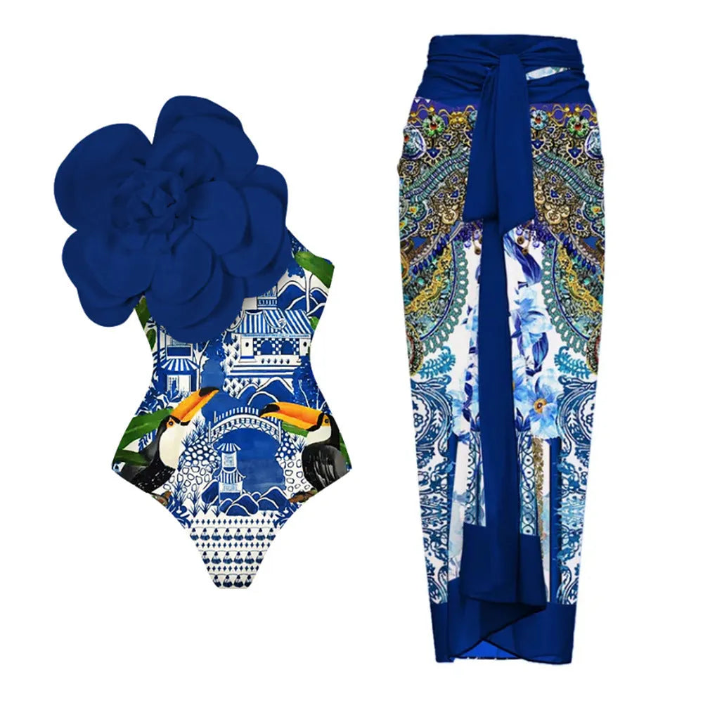 One-piece swimsuit with three-dimensional floral pattern showing European and American fit