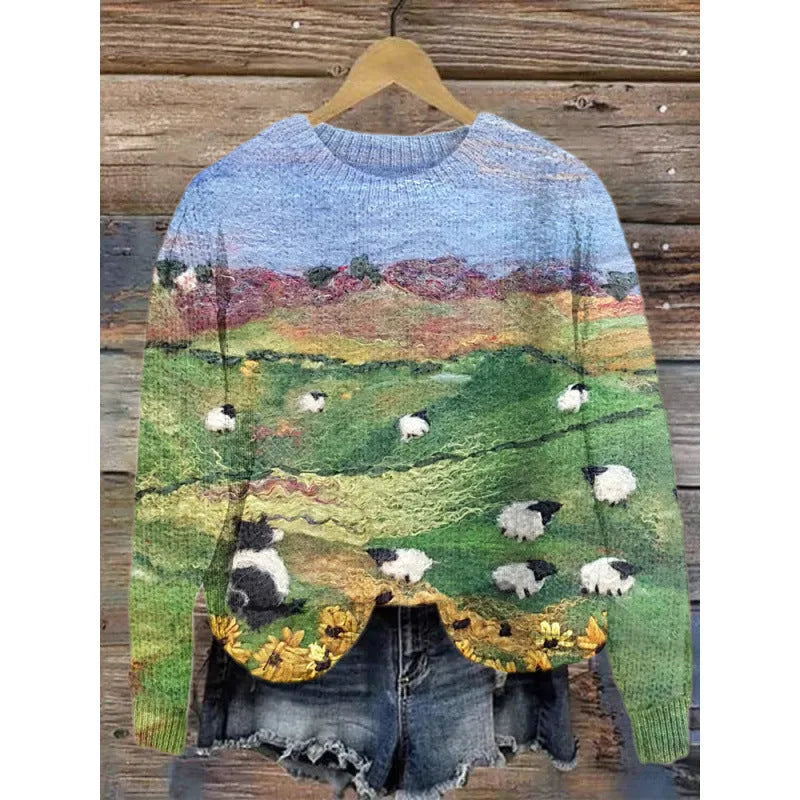 Women's little flower digital printed round neck sweater in polyester, shown in a selected colour from the YPM935 series.