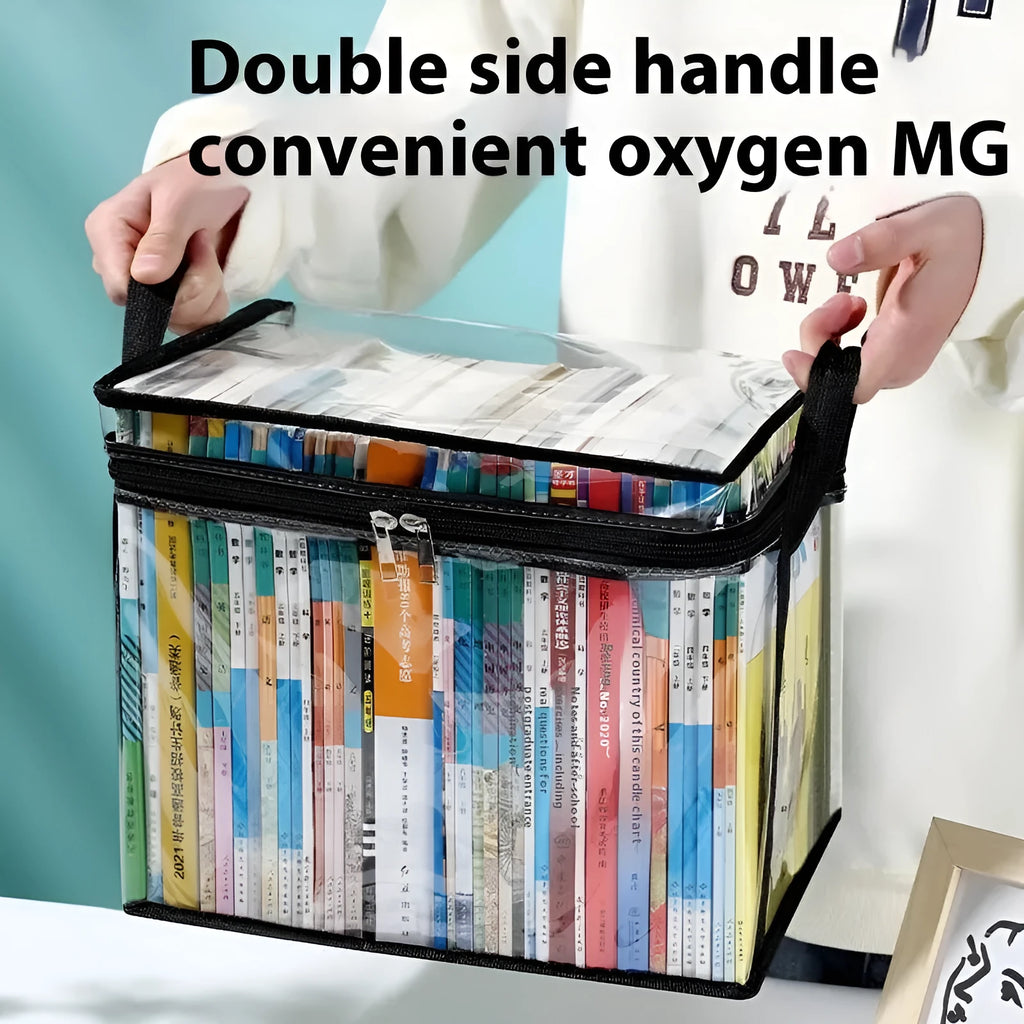 Large transparent foldable PVC storage bag showing inside, with sealing zip and dimensions 38x24x32cm.