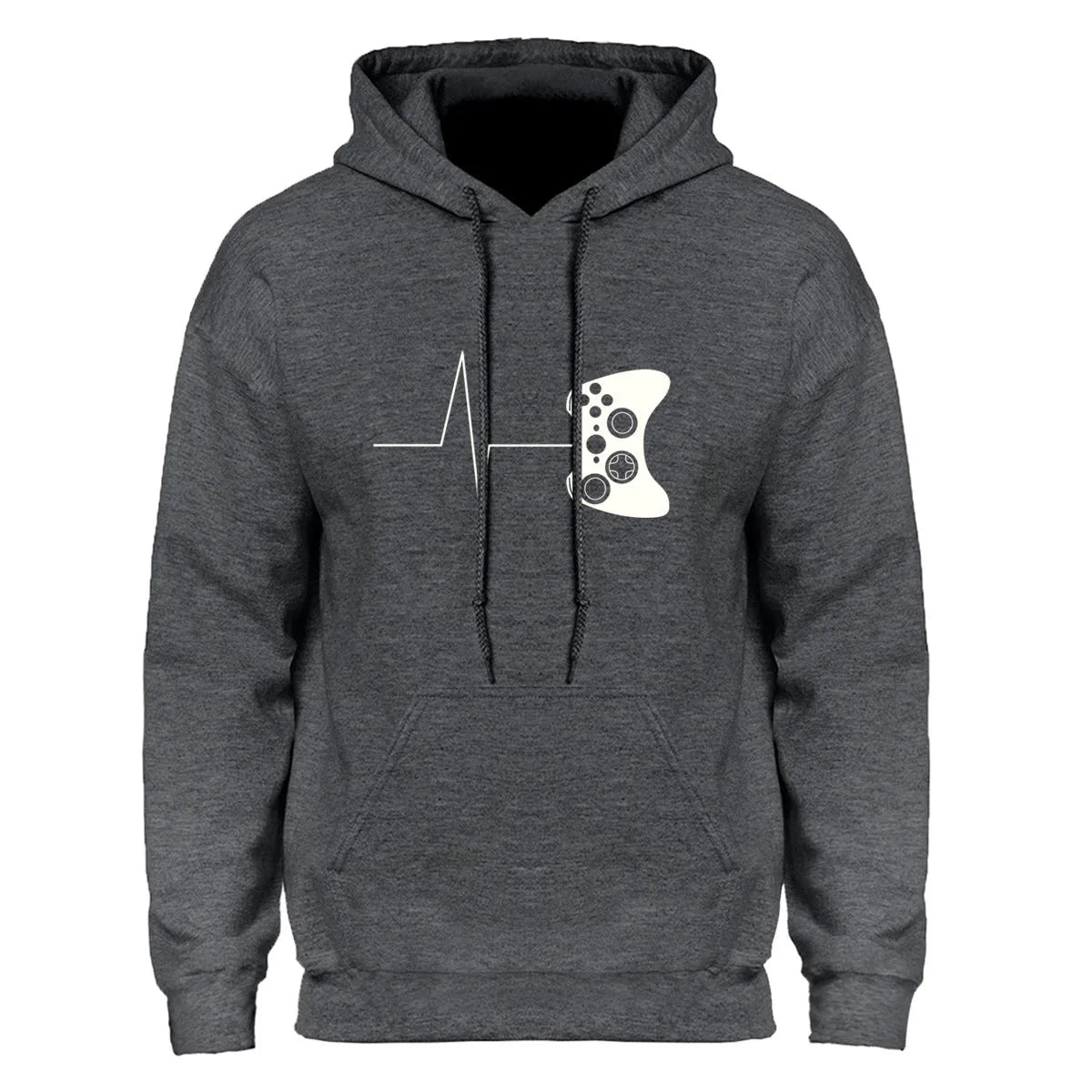 Casual men's loose long-sleeved plus fleece sweater with round neck, printed pattern, and patch pockets, in grey