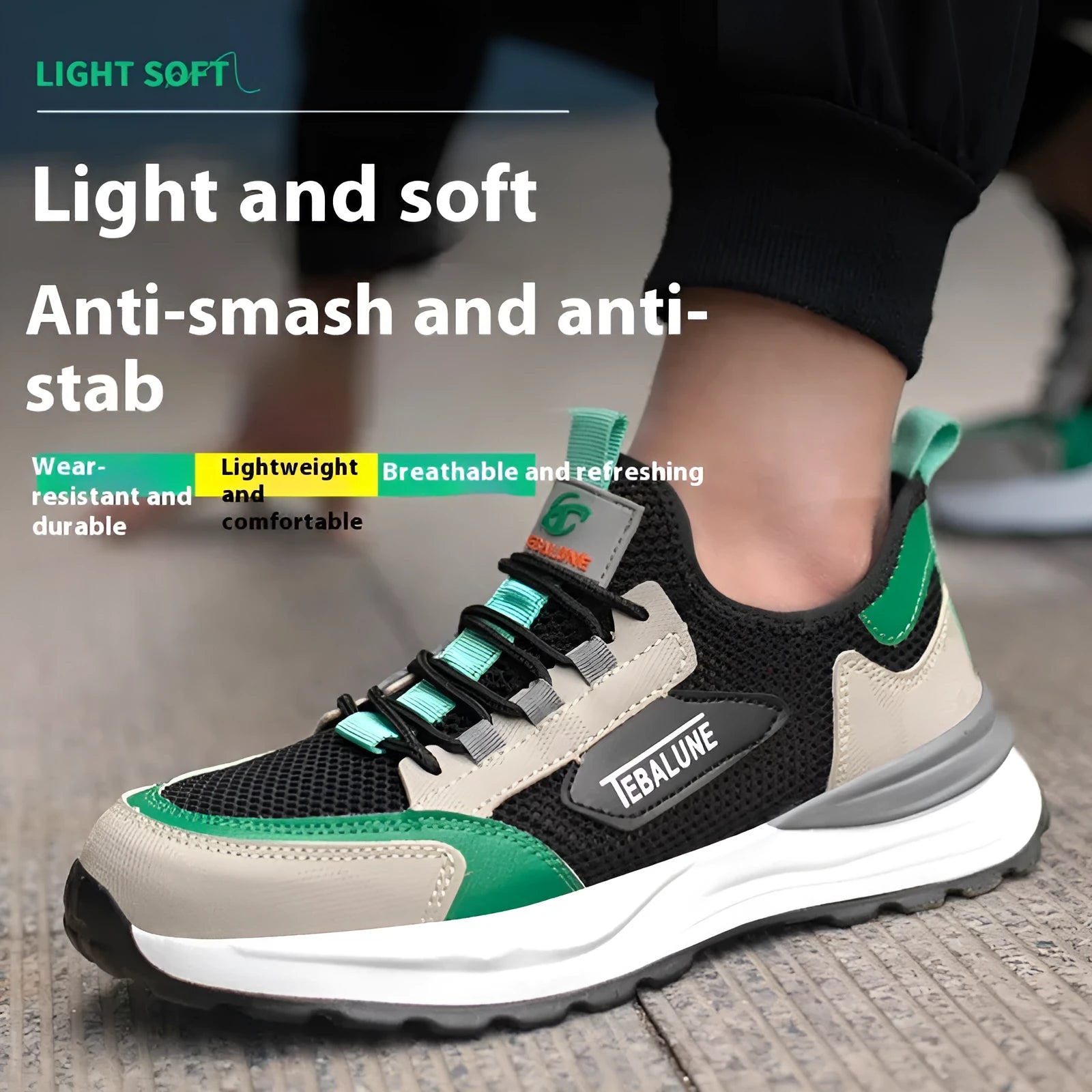 Black green safety shoes with mesh uppers and plastic steel toe cap